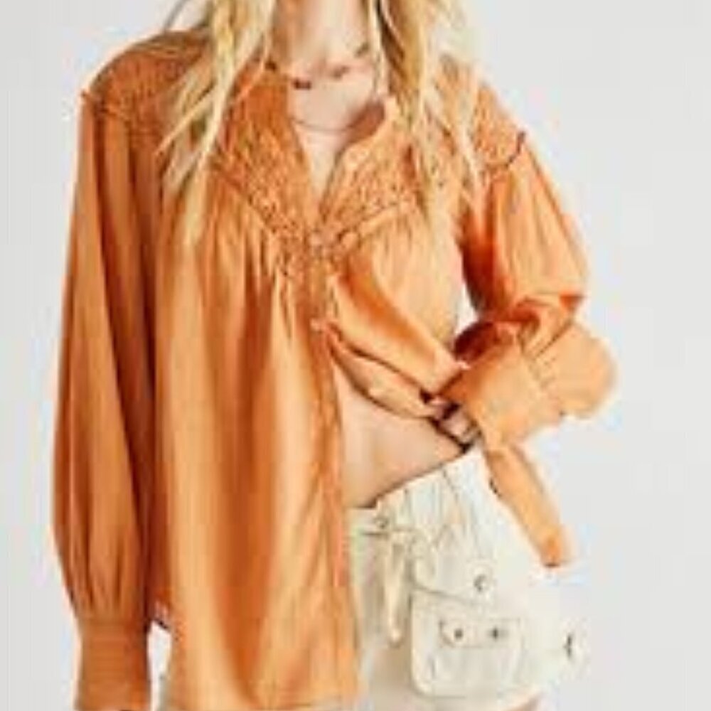 ✅ FREE PEOPLE Marigold Button Down Top SIZE‎ X-SMALL OVERSIZED LONG SLEEVE